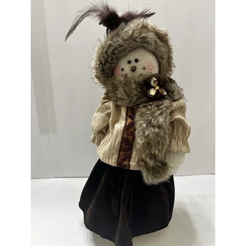 Christmas Decorative Snowwoman Plush Faux Fur Hat & Coat Brown Tan Feathers 16